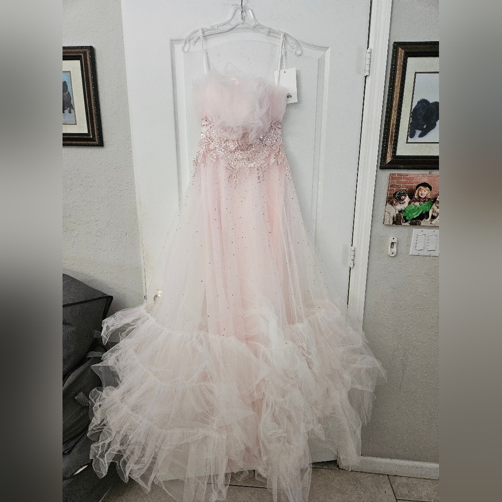 Mac Duggal Pink Ruffled Embroidered Sequins Steapless Pink Dress Size 2 NEW - Picture 2 of 12